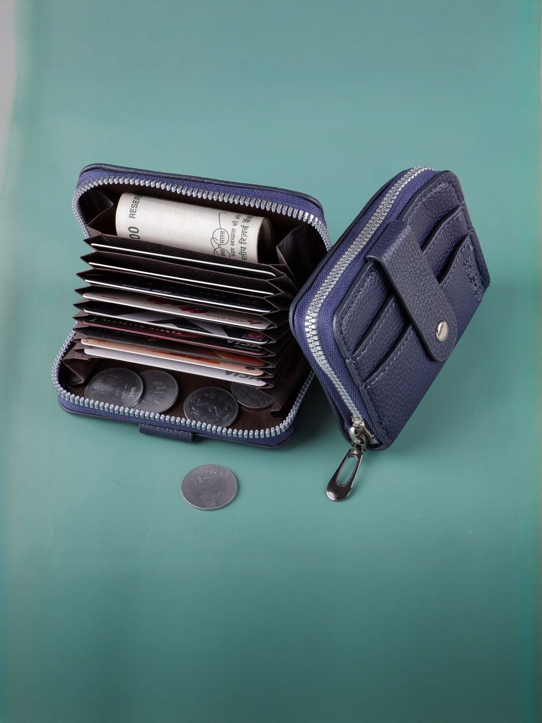 LAKSH Unisex Blue Zip Detail Leather Card Holder-image-8