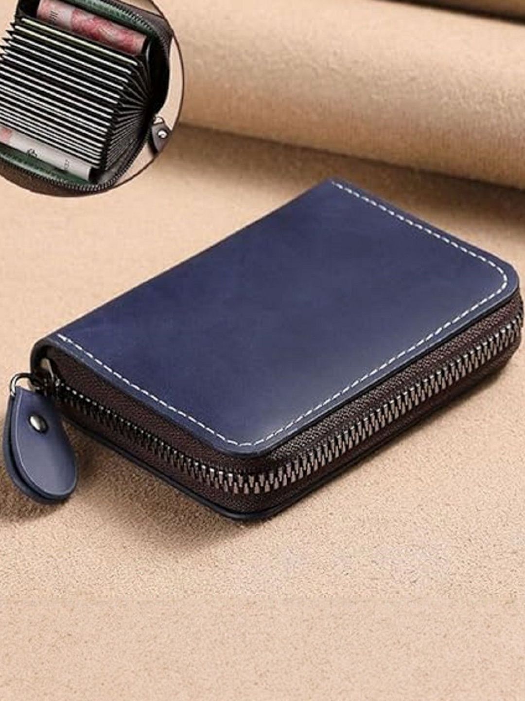 LAKSH Unisex Blue Zip Detail Leather Card Holder-image-9
