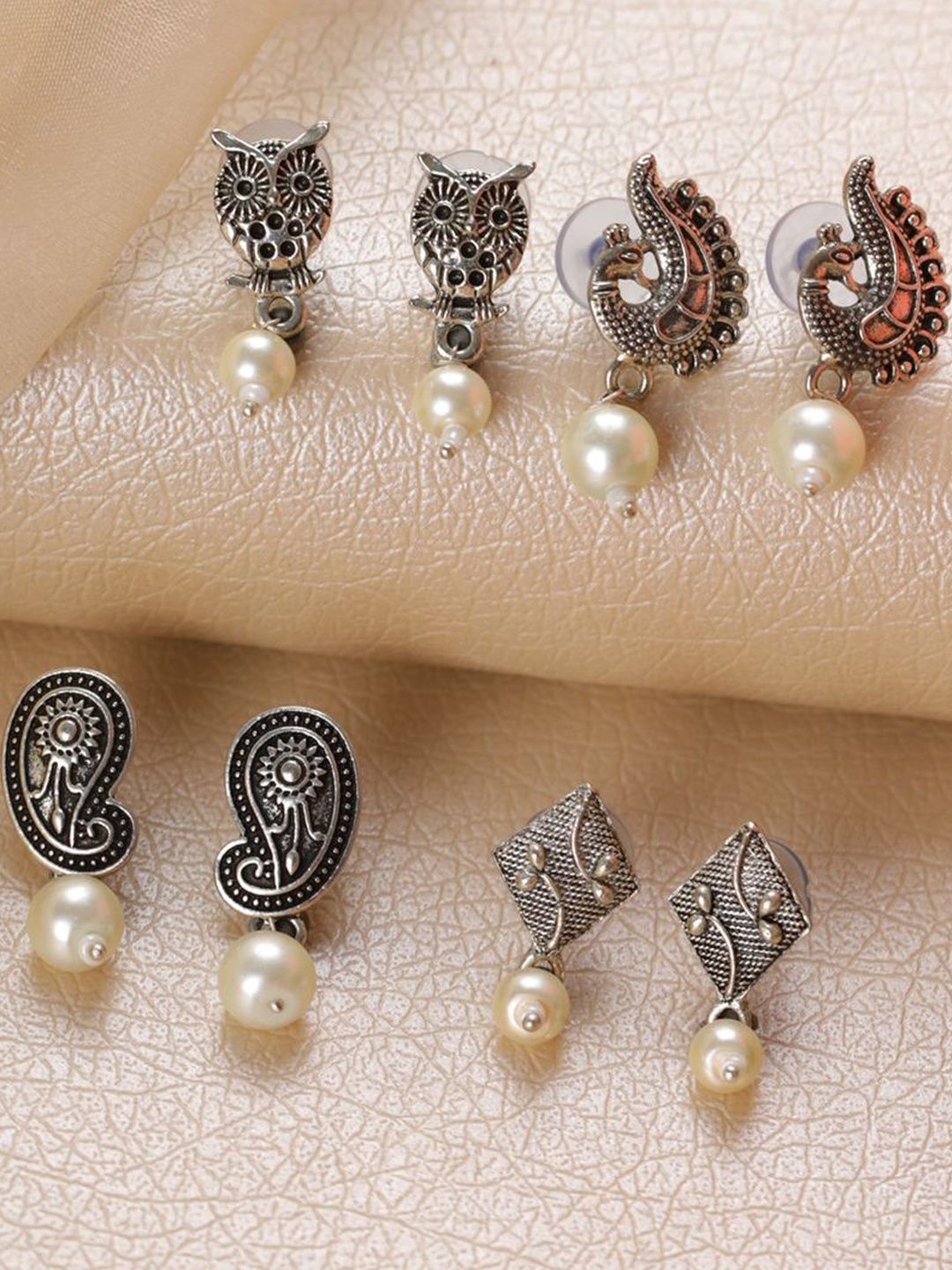 Anouk Set Of 4 Silver-Plated Alloy Artificial Stones and Beads Drop Earrings-picture-20