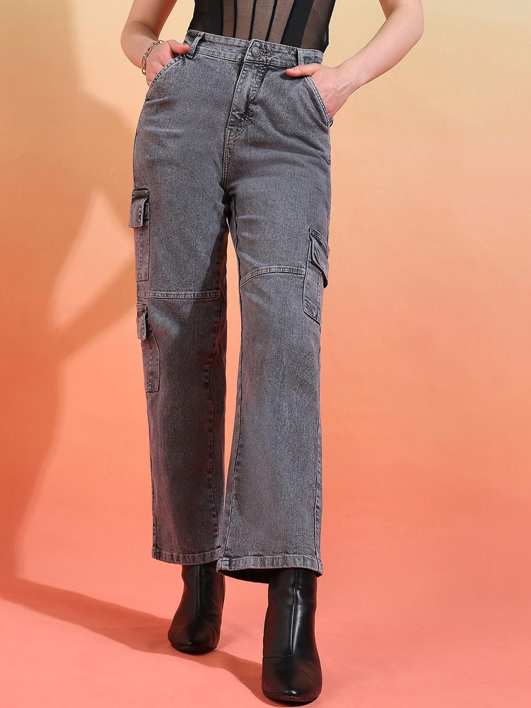 Crazeis Women Comfort Wide Leg High-Rise Light Fade Cargo Styles Stretchable Jeans-picture-20