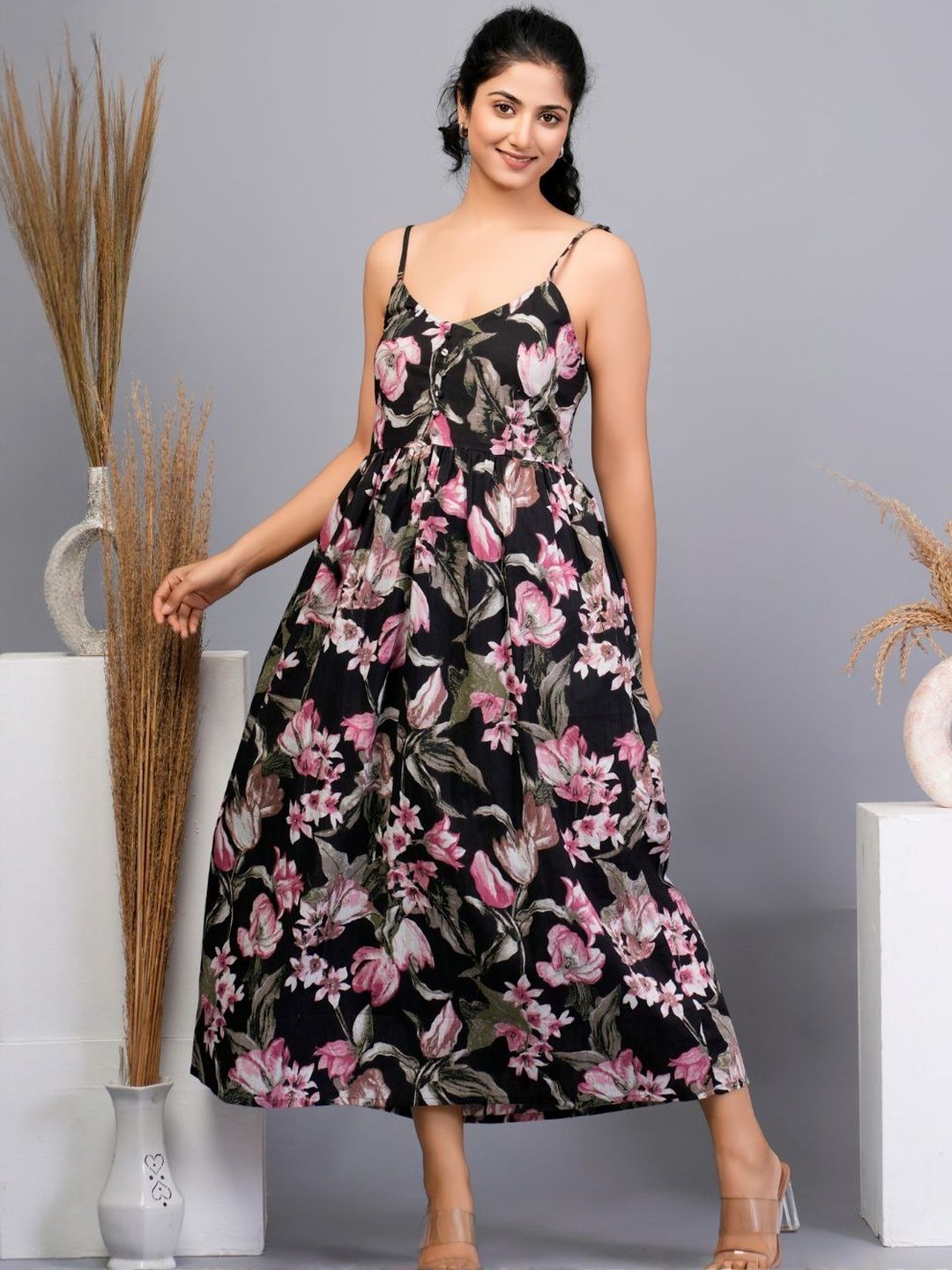 KALINI Women Black Printed Cotton Fit and Flare Dresses-picture-24