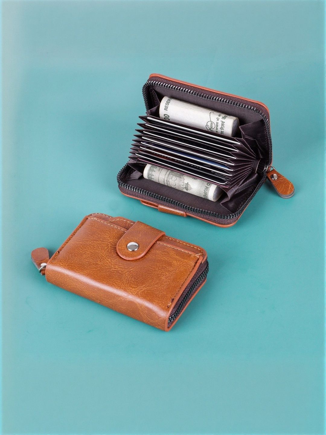 LAKSH Unisex Brown Solid Zip Detail Leather Card And Money Holder Wallets-image-4