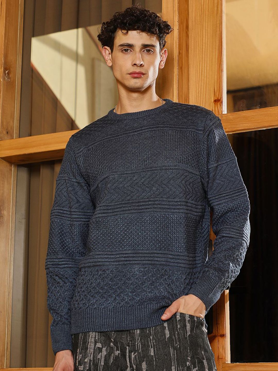 campus sutra men cable knit pullover