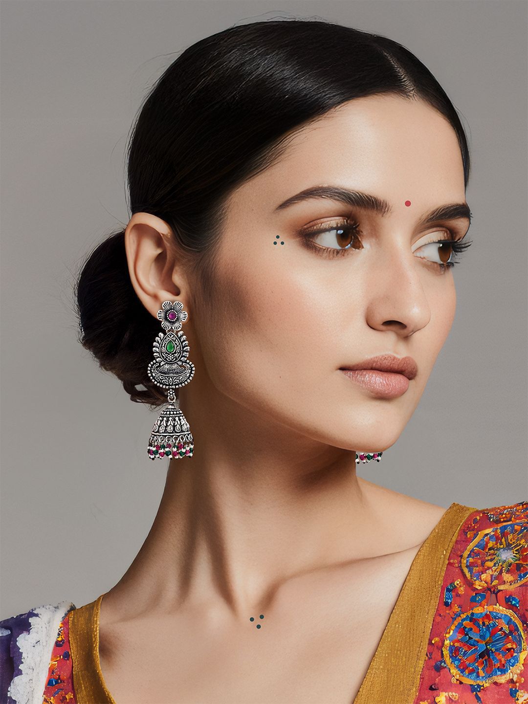 Kalakrith Milano German Silver Crystals Studded & Artificial Beaded Oxidised Jhumkas-picture-16