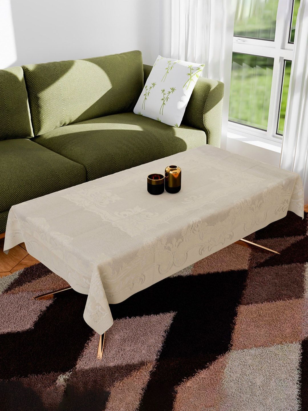 Aura Cream-Coloured Anti-Skid Rectangle Cotton 4-Seater Table Cover-picture-37