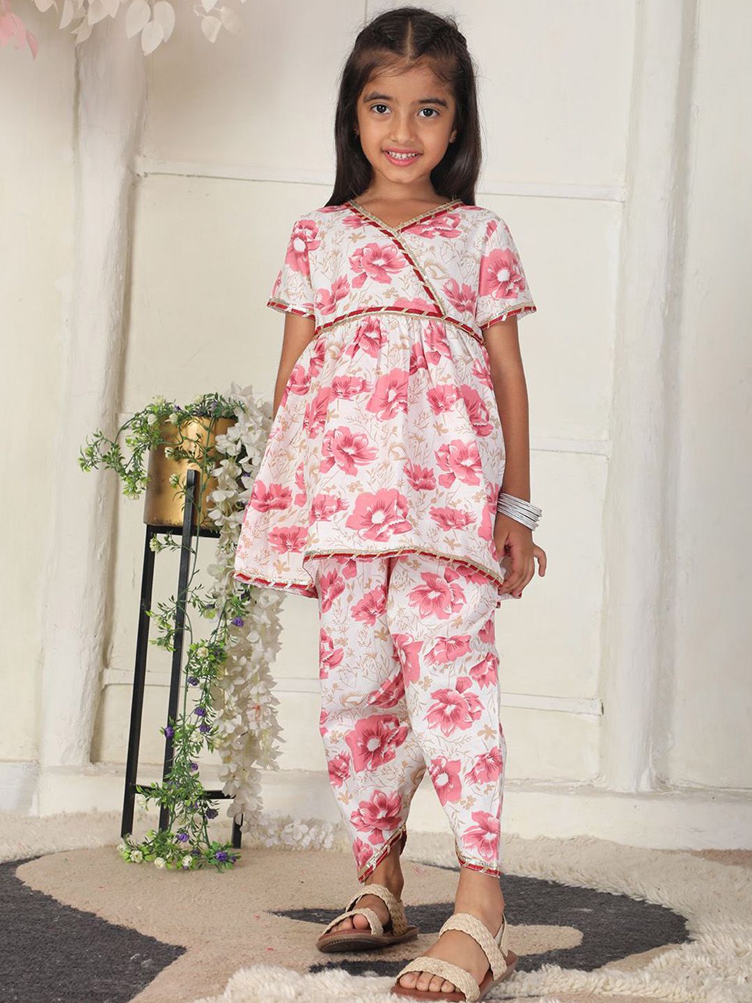 Cutiekins Girls Floral Printed V-Neck Gotta Patti Kurta With Dhoti Pants-picture-24