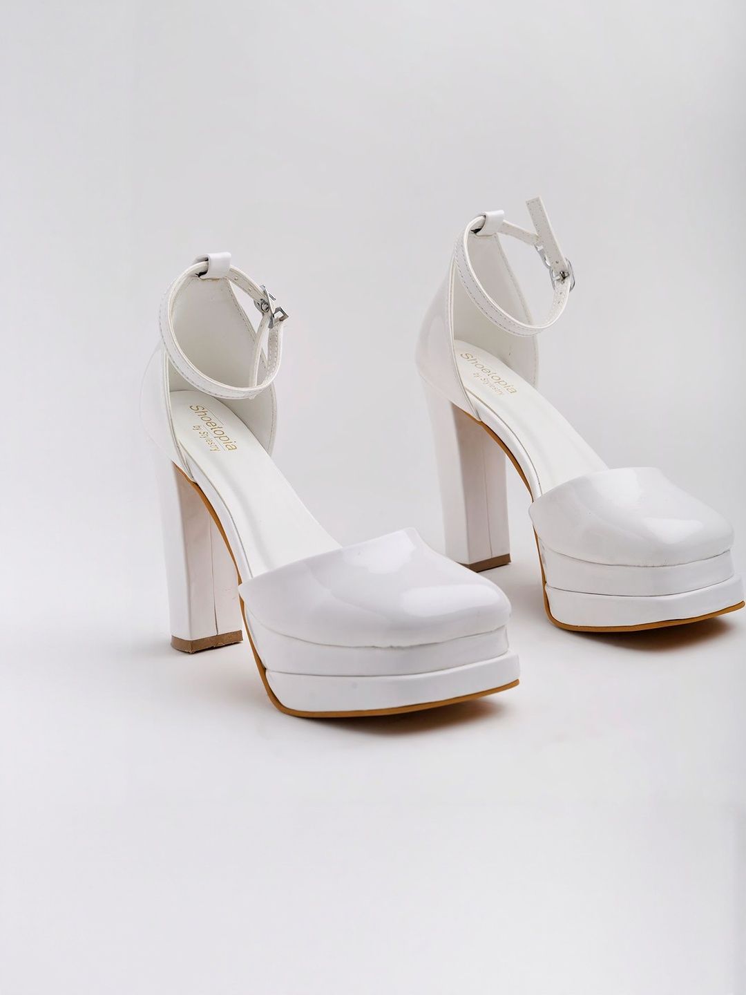 Stylestry White Solid Ankle Strap Platform Block Heels-picture-47