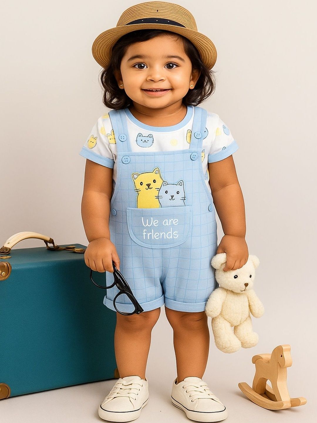 KIDNIP Girls Slim Fit Bear Graphic Printed Dungaree Romper with T-Shirt-picture-37