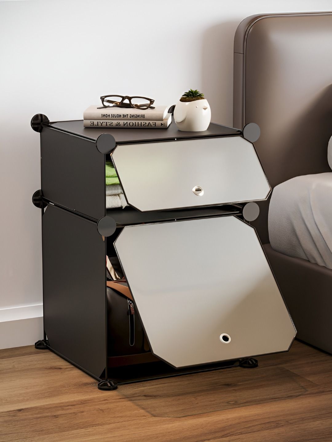 BOXJOY Black 2 Shelf Rectangle Shaped Bedside Table