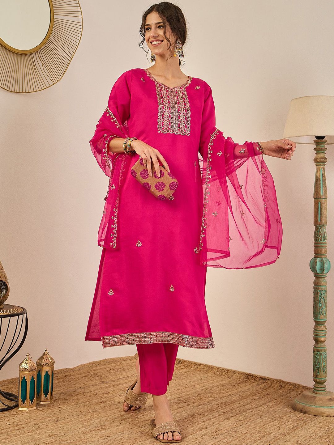 VredeVogel Women's Floral Embroidered Regular Sequin Work Kurta With Trouser & Dupatta