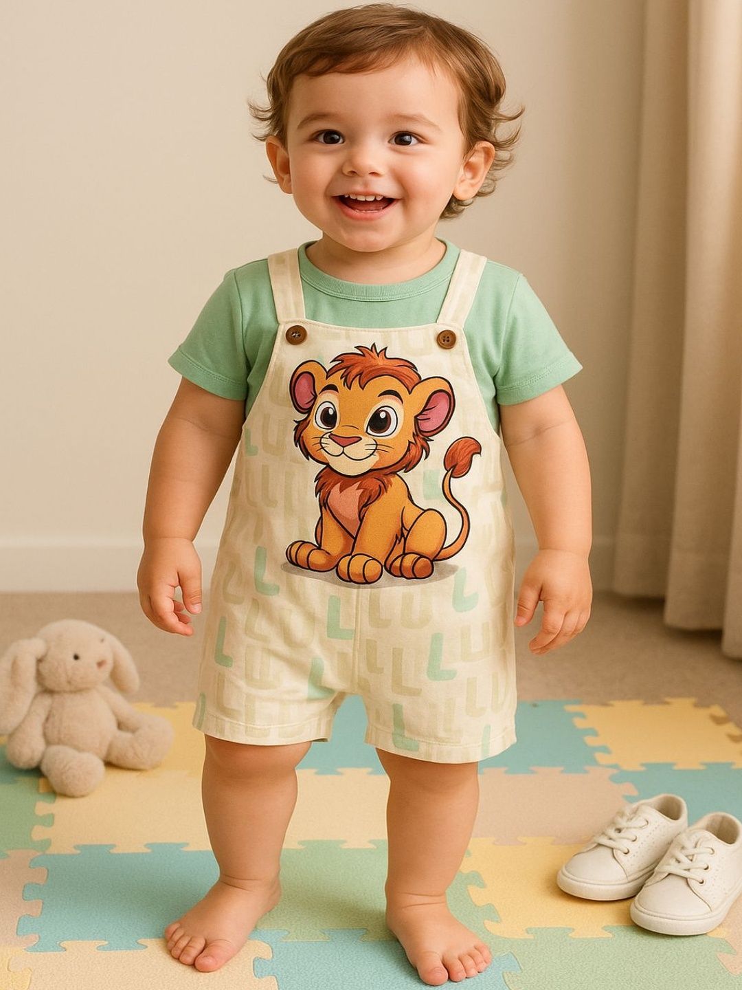 KIDNIP Boys Lime Green Lion Graphic Printed Dungaree Romper with T-Shirt-picture-22