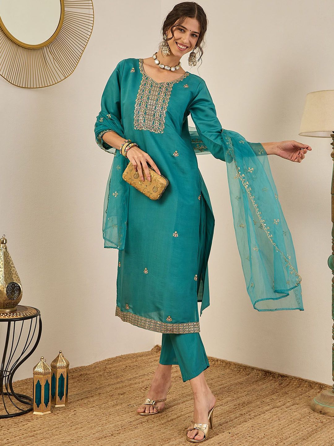 VredeVogel Floral Embroidered Sweetheart Neck Sequinned Kurta With Trousers & Dupatta