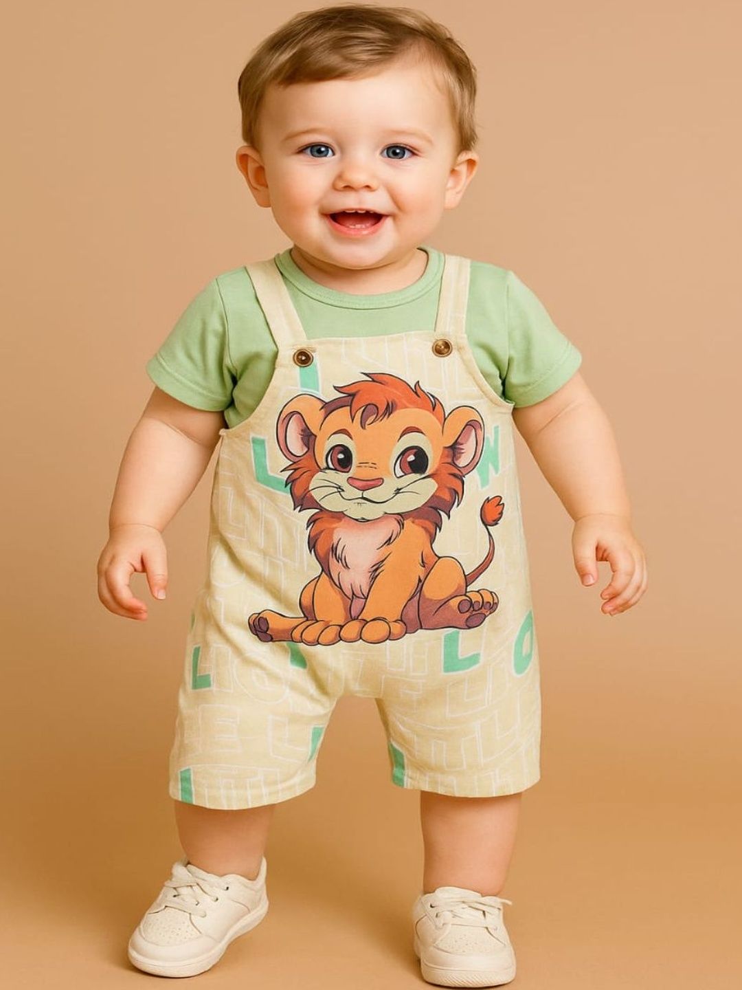 KIDNIP Boys 2 Pcs Green & Cream Lion Printed Cotton Dungaree Romper With T-Shirt Set-picture-17