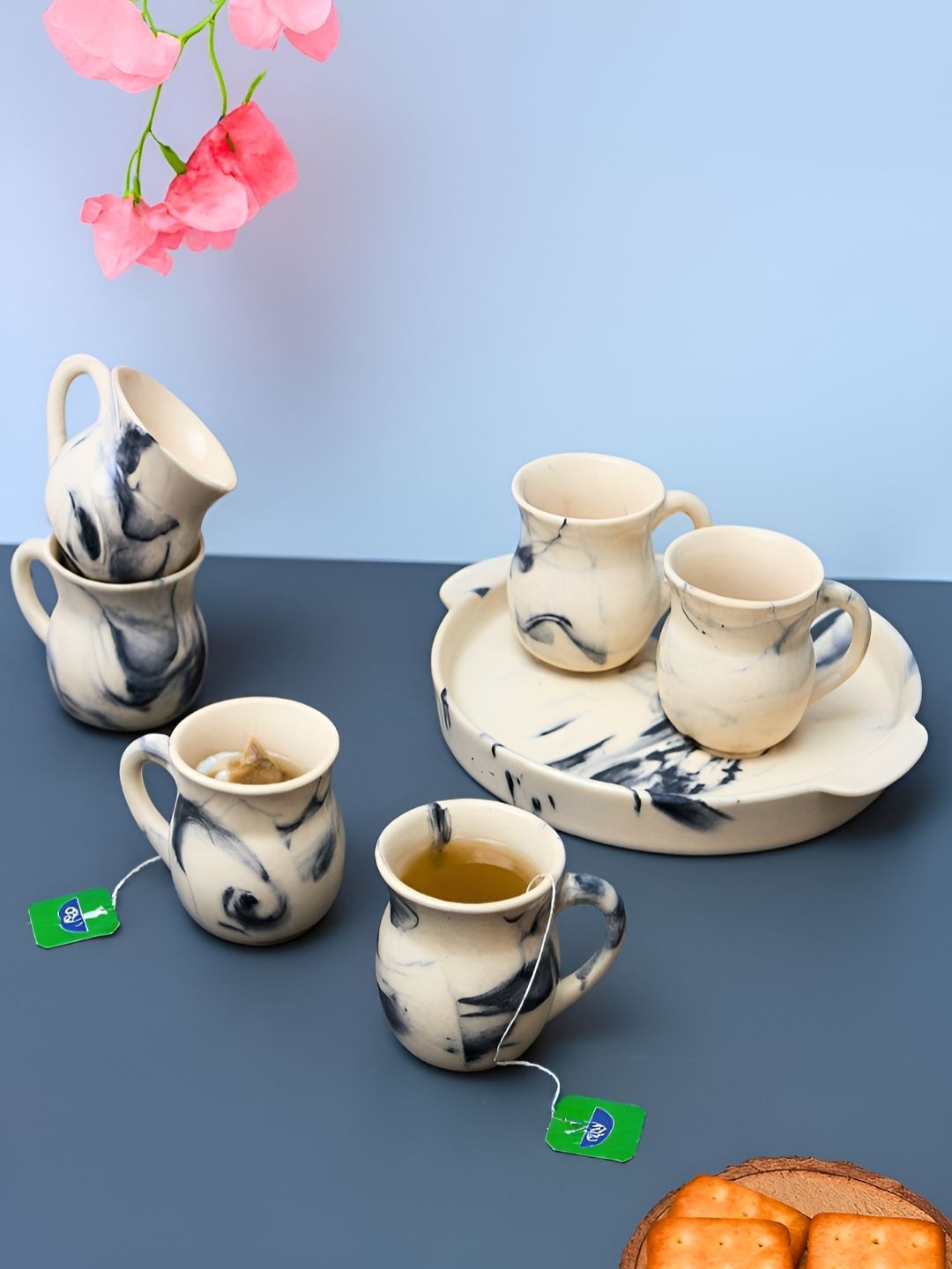 Unravel India White & Navy Blue Handcrafted and Hand Painted Printed Ceramic Glossy Cups Set of Cups and Mugs-picture-11