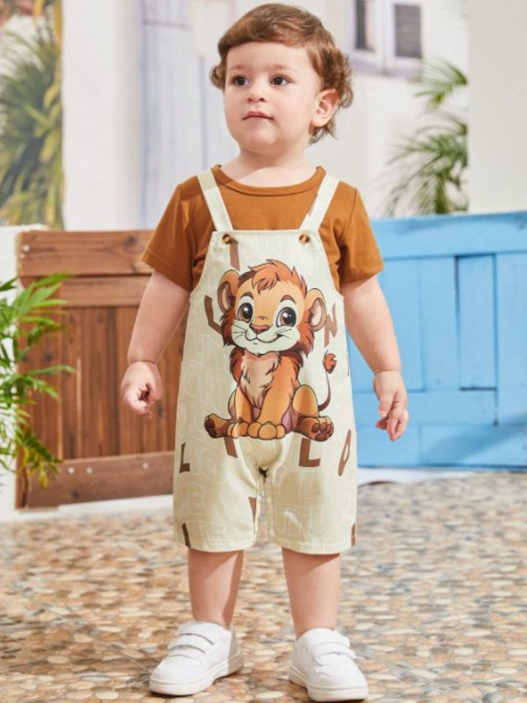 KIDNIP Boys Brown Lion Printed Dungaree Romper With T-Shirt Set-picture-21