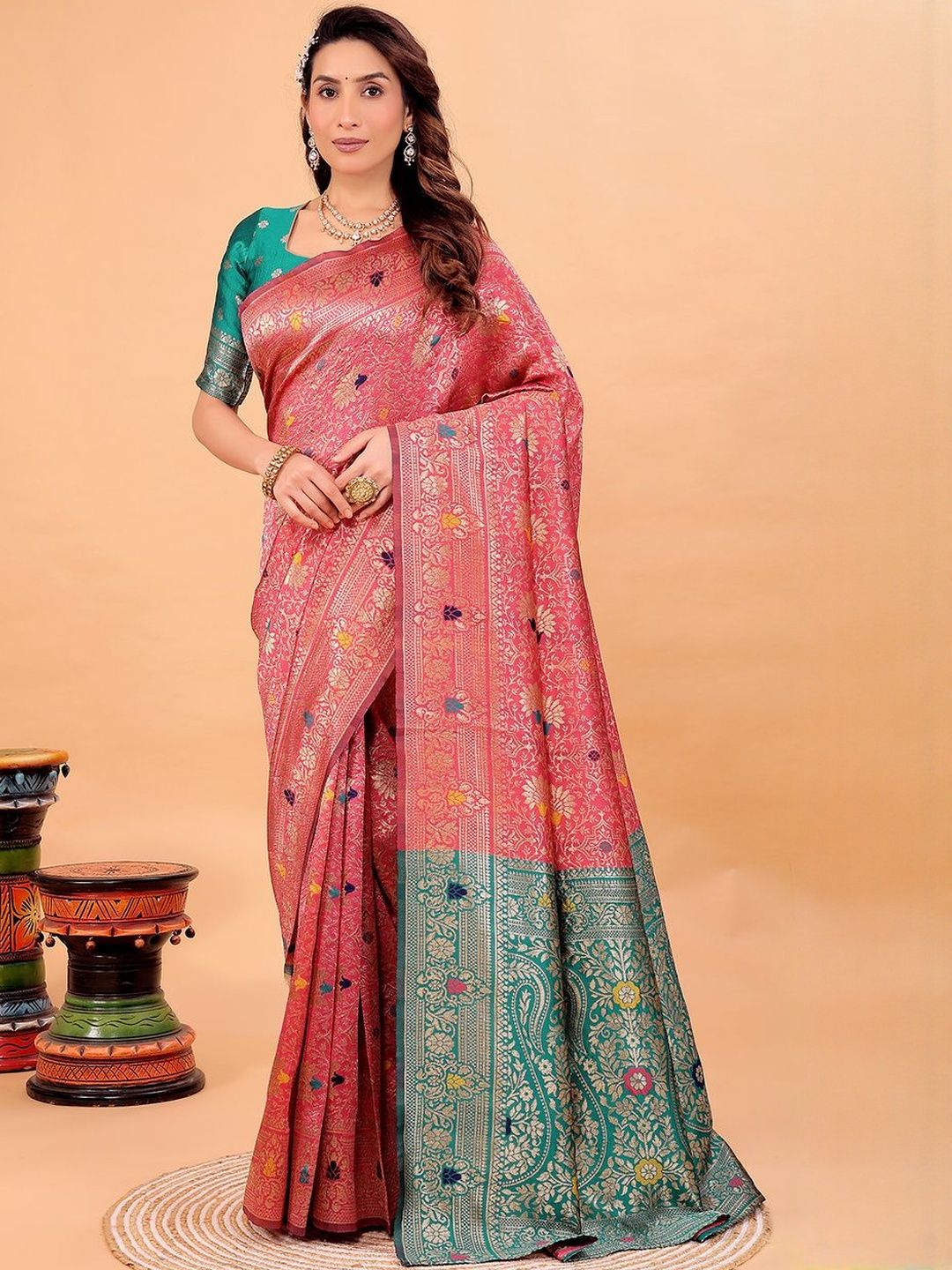 Moda Rapido Peach Woven Design Silk Cotton Kanjeevaram Sarees-picture-15