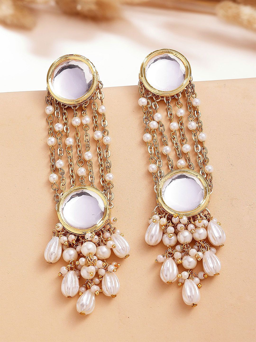 KARATCART Gold-Plated Contemporary Kundan and Pearl Studded Drop Earrings-picture-31