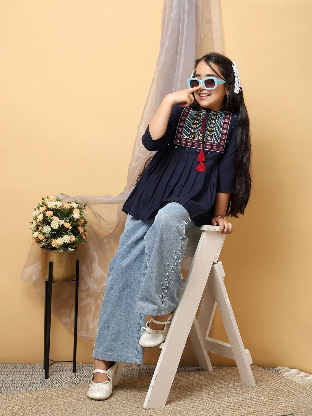 Miss & Chief Girls Floral Embroidered Tie-Ups Top