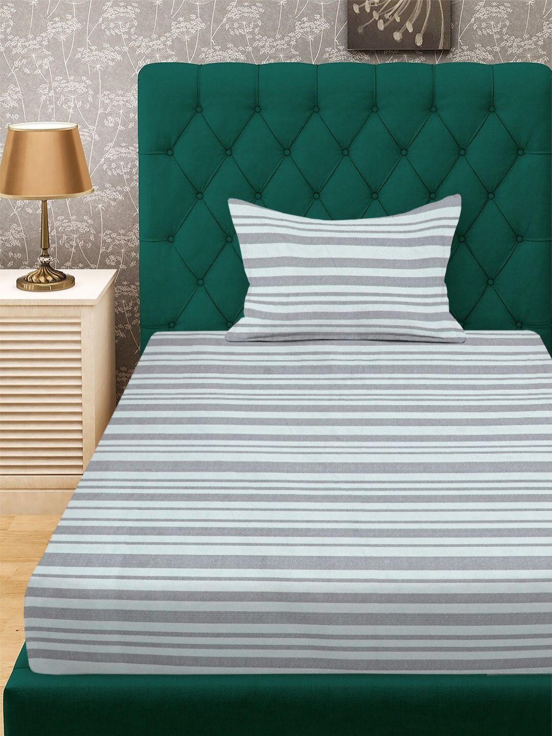 Aura Grey & White Striped Fitted 300 TC Single Bedsheet Set 2.25 m x 1.50 m-image-45