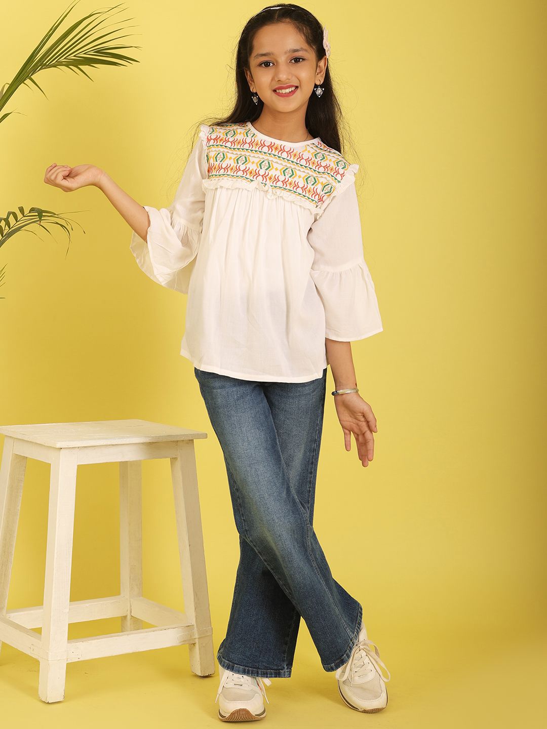 Ishti Girls Geometric Embroidered Bell Sleeve A-Line Top-picture-37