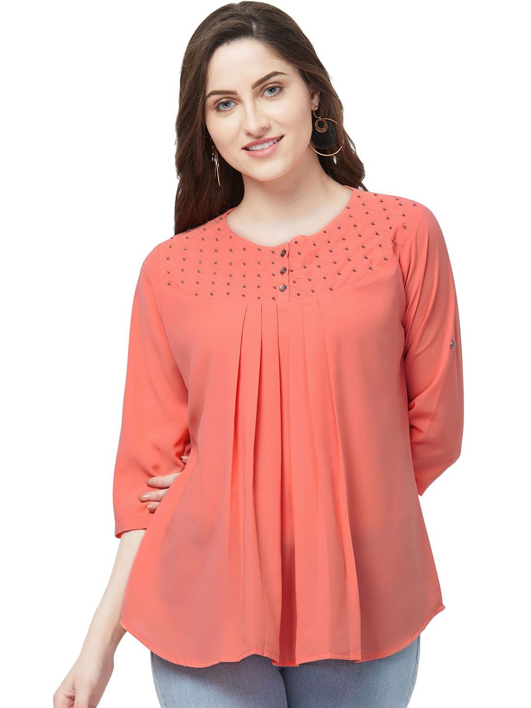 G0-4 IT Women Solid Embellished Gathered or Pleated Georgette Top-picture-38