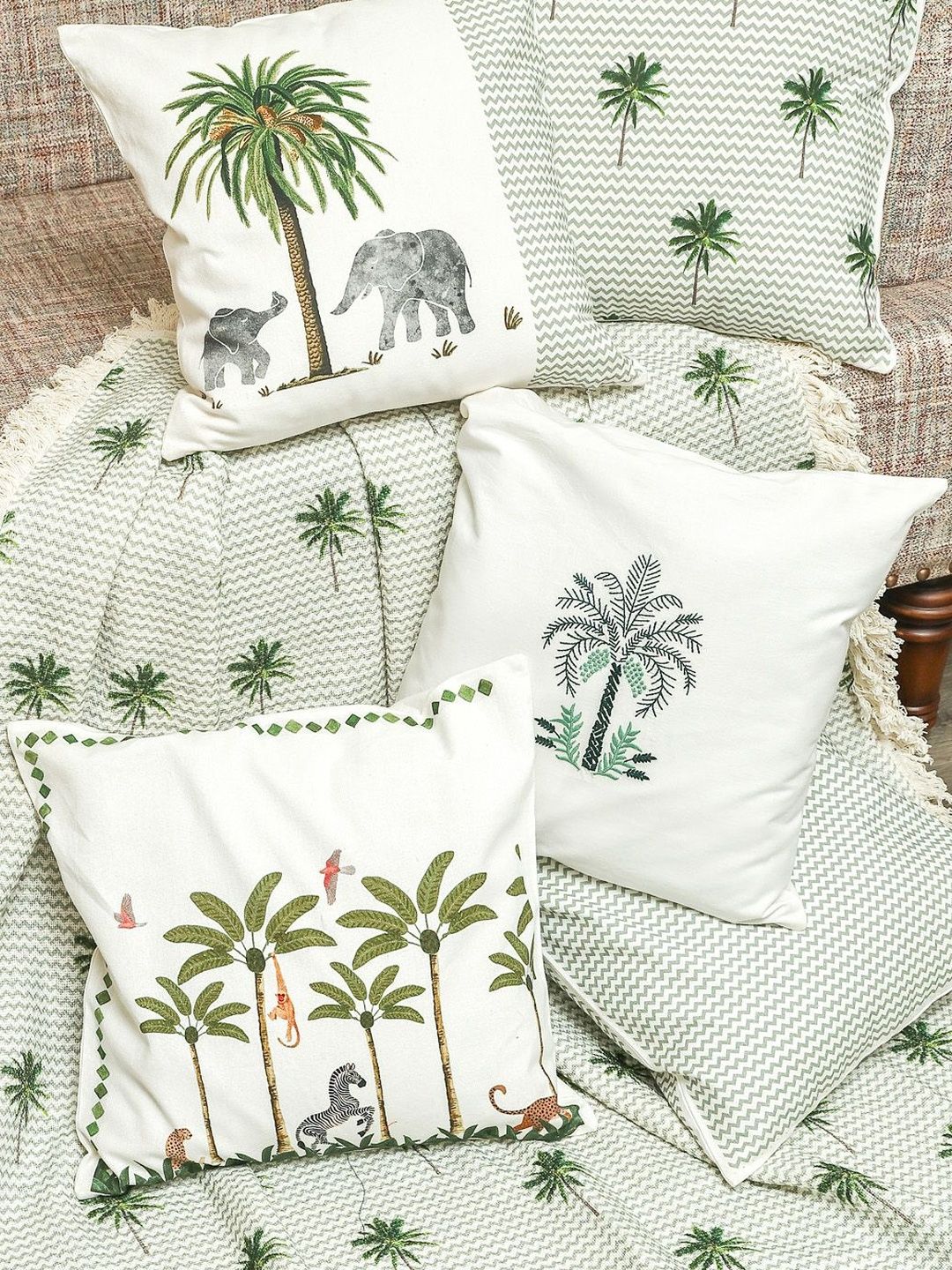 Crown of Poppies Green Set of 6 Tree & Elephant Printed Cotton Cushion Covers & Throw Set-image-31