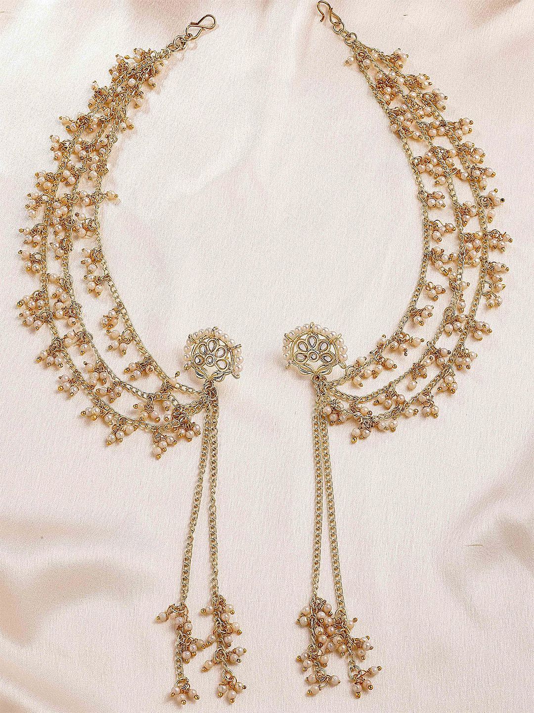 KARATCART Gold-Plated Contemporary Pearl and Kundan Studded Kaanchain Drop Earrings-picture-35