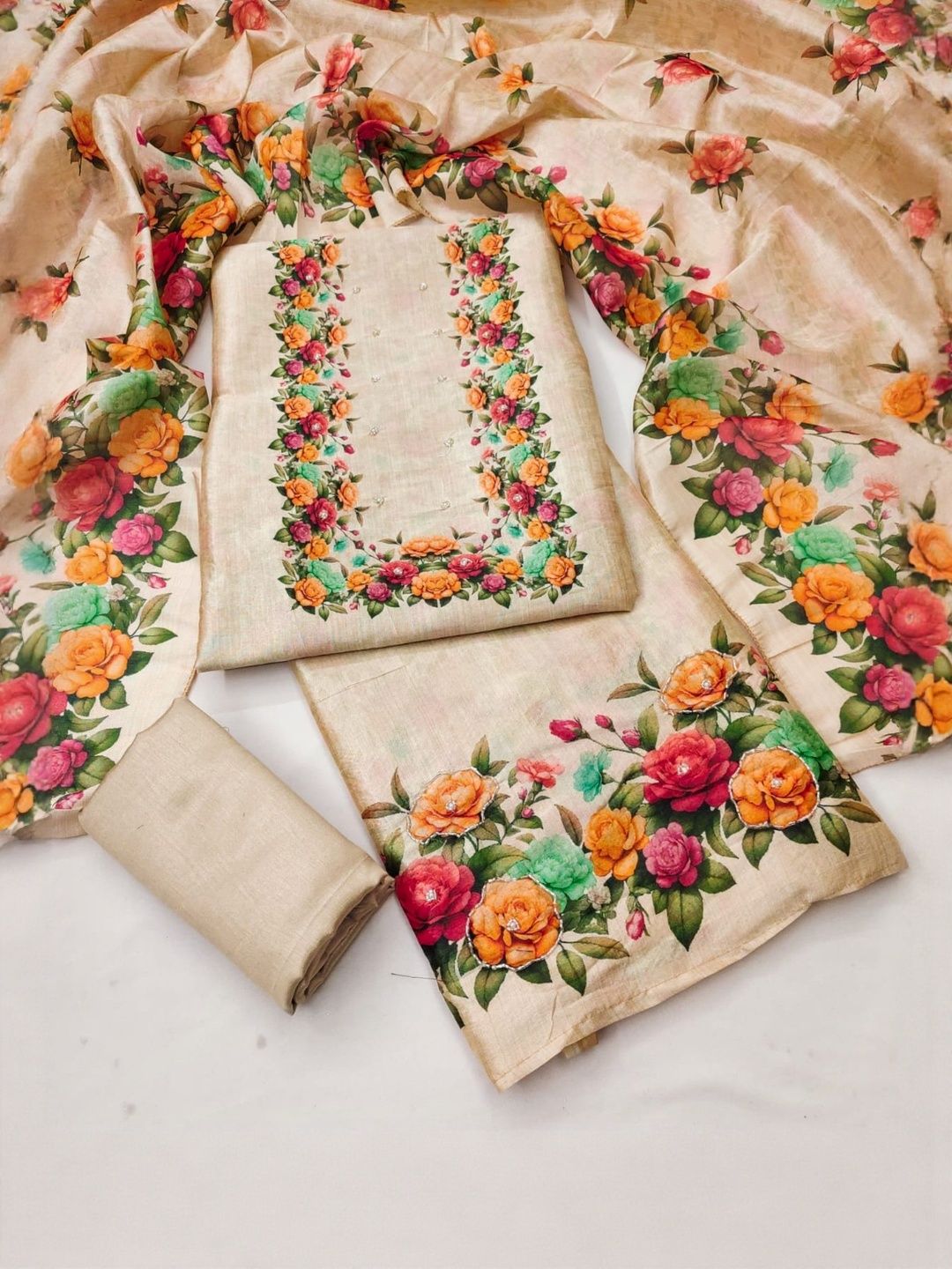 Cream Vichitra Silk With Floral Printed Unstitched Dress Material