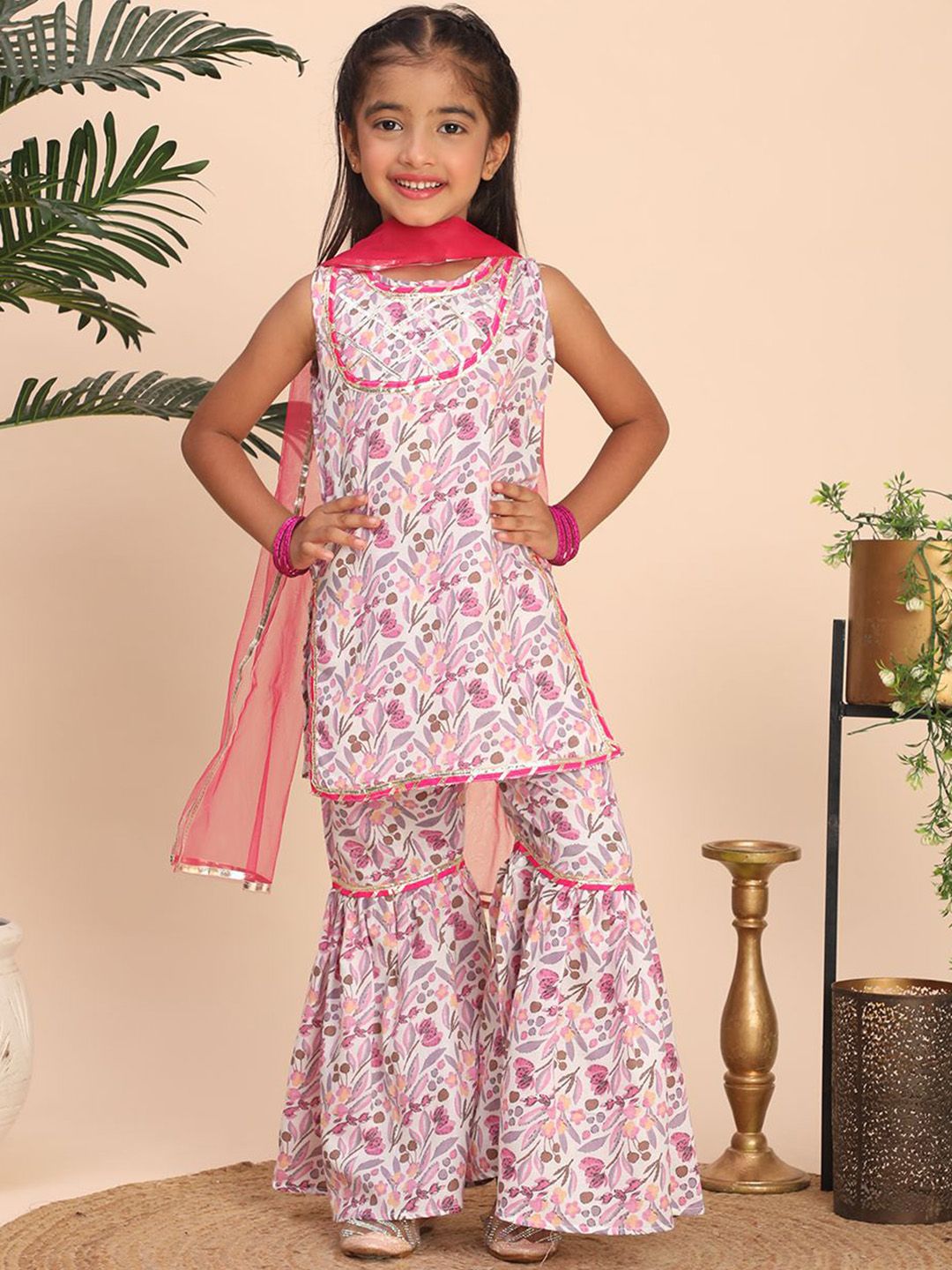 Cutiekins Girls Floral Printed Gotta Patti Straight Kurta with Sharara & Dupatta-picture-54