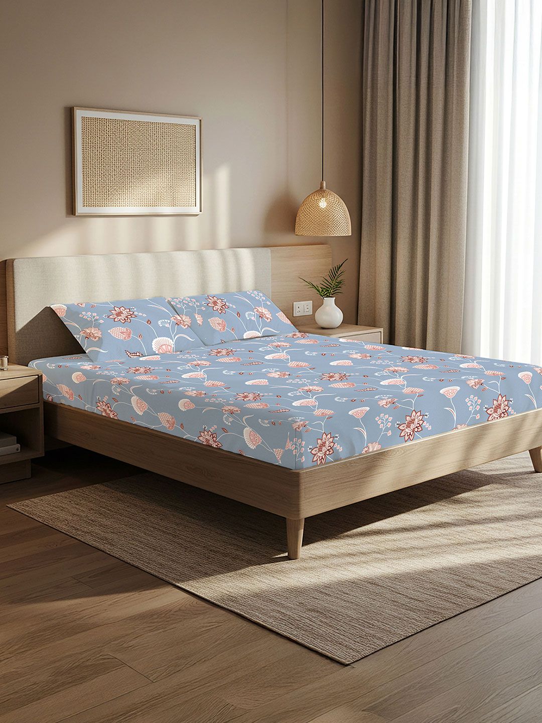 URBAN SPACE Blue & Pink Floral Microfiber 200 TC Double King Bedsheet Set-2.28mx2.74m-image-34