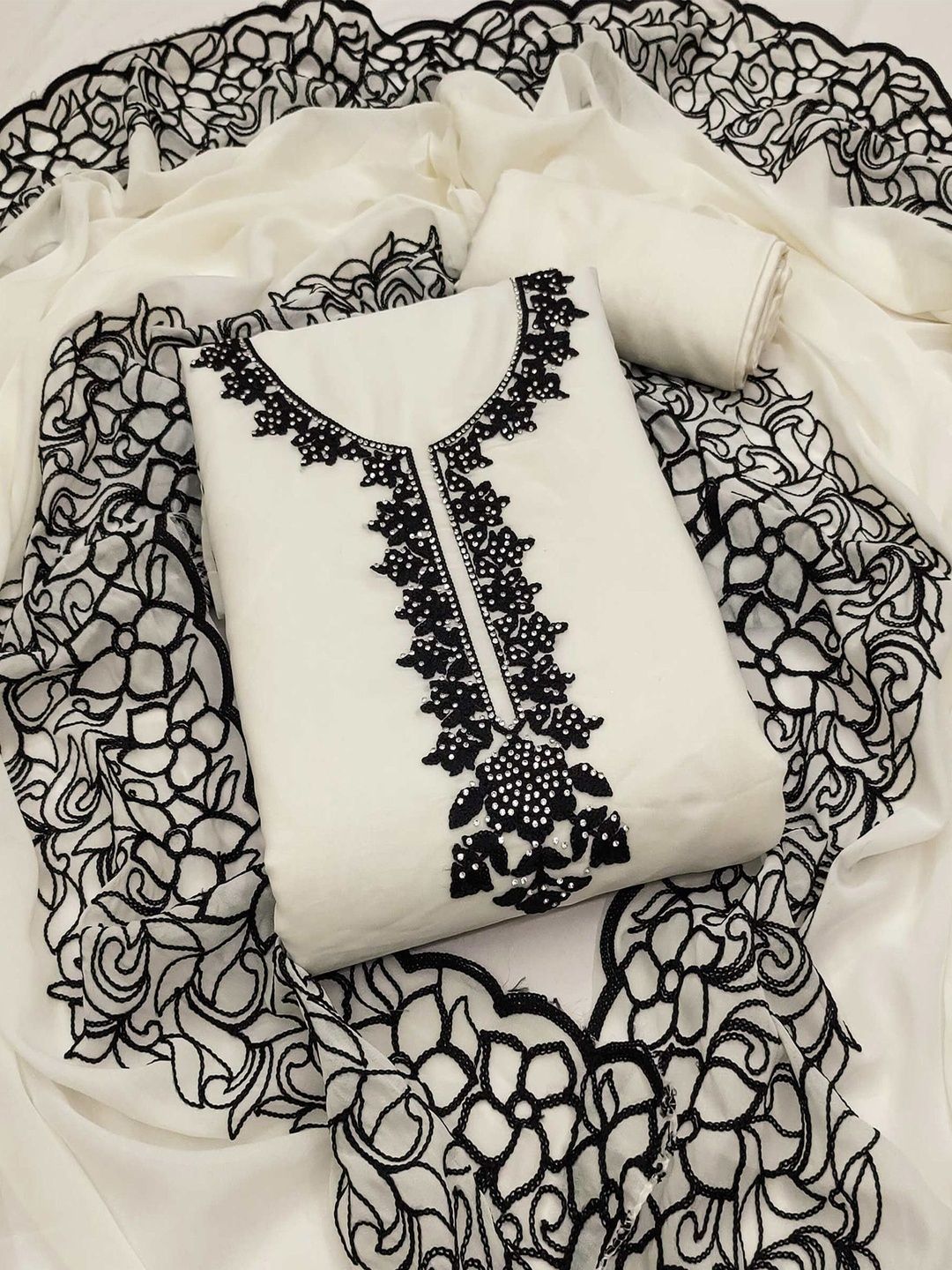 Off White Thread Embroidery Unstitched Georgette Dress Material