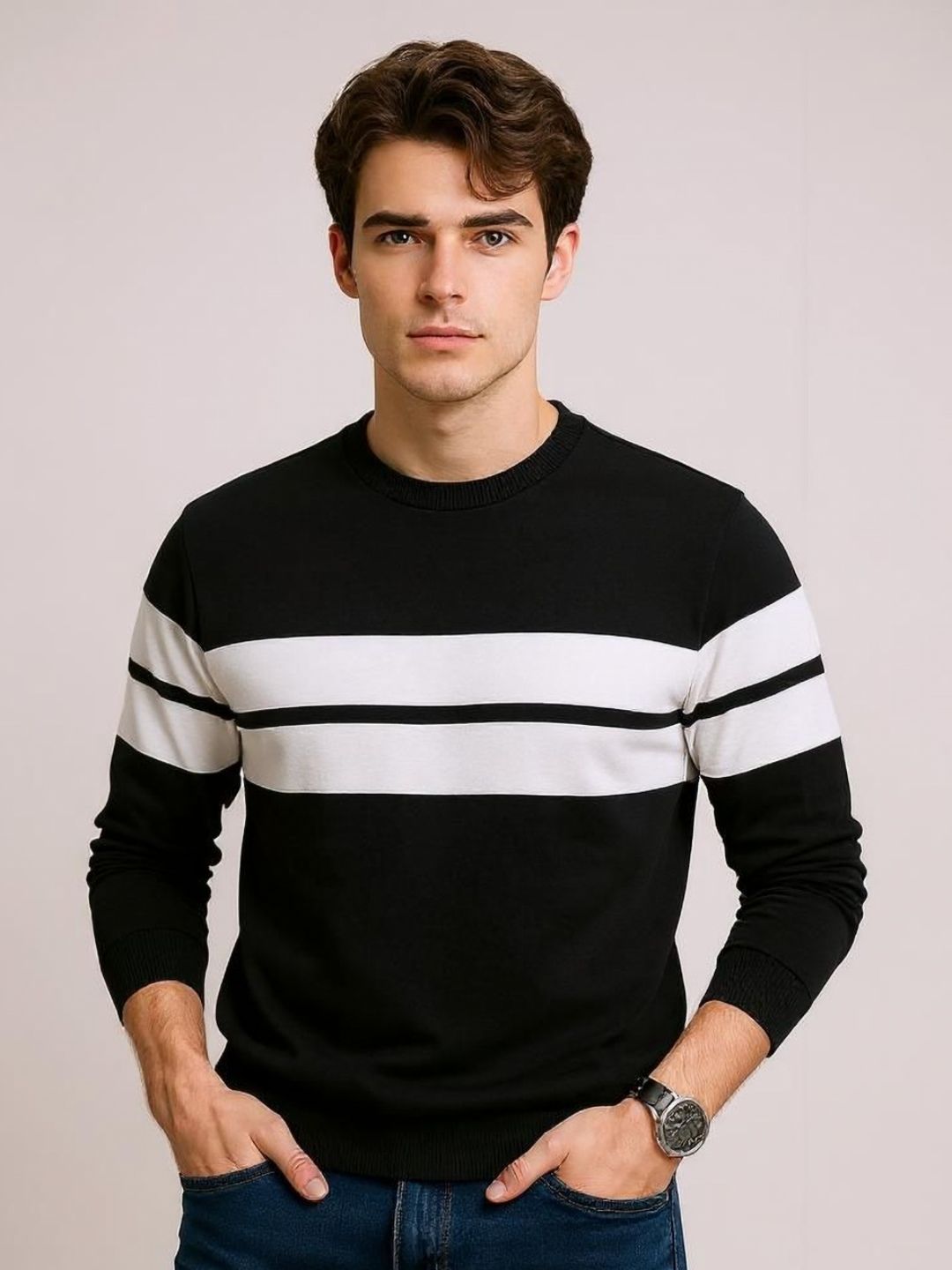 AUTNA Men Striped Round Neck Cotton Sweatshirt-picture-44