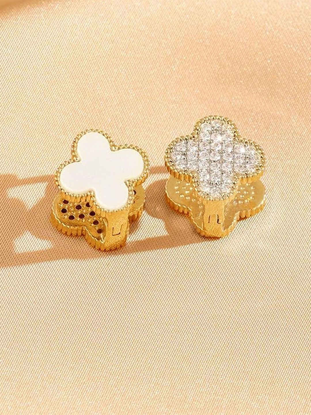 VAMA 18K Gold-Plated Crystals Studded Double Sided Floral Shaped Studs-picture-13