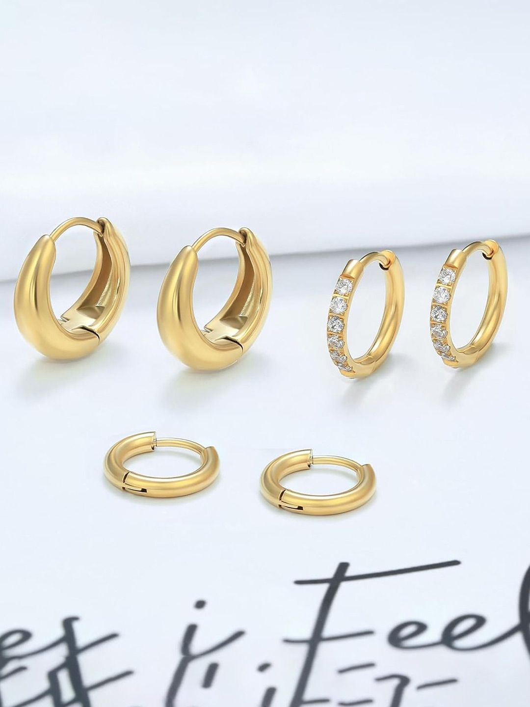 VAMA Set Of 3 18K Gold Plated Crystals Studded Circular Shaped Hoop Earrings-picture-19