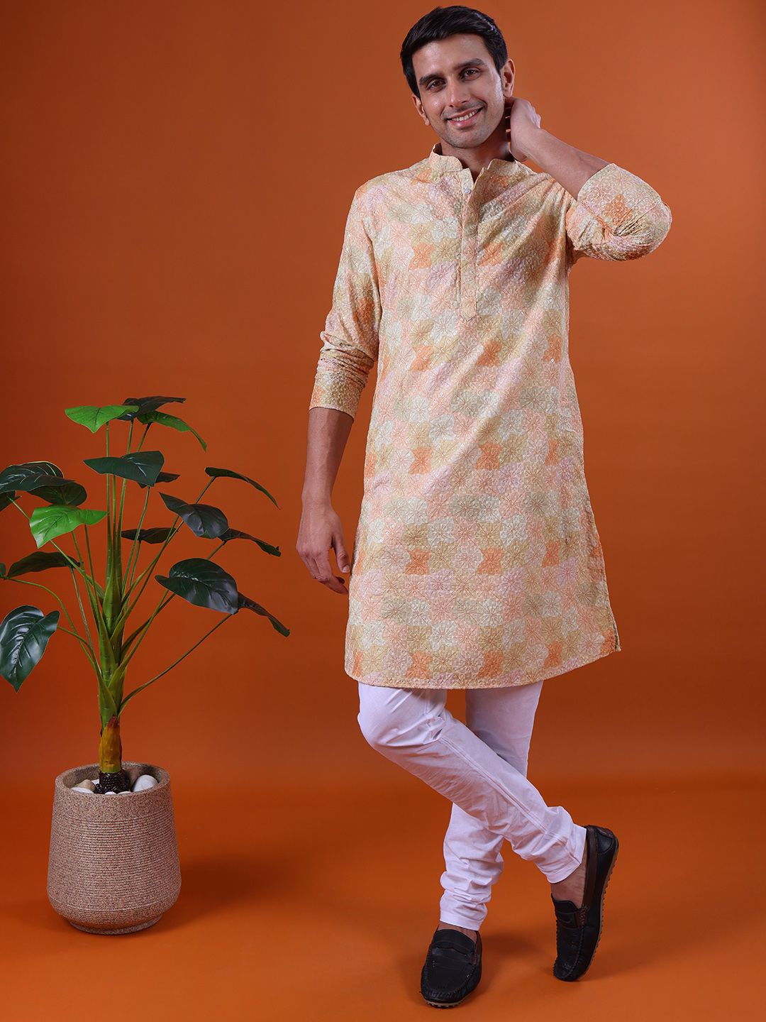 NAMASKAR Men Floral Printed Regular Pure Cotton Kurta with Churidar-picture-11