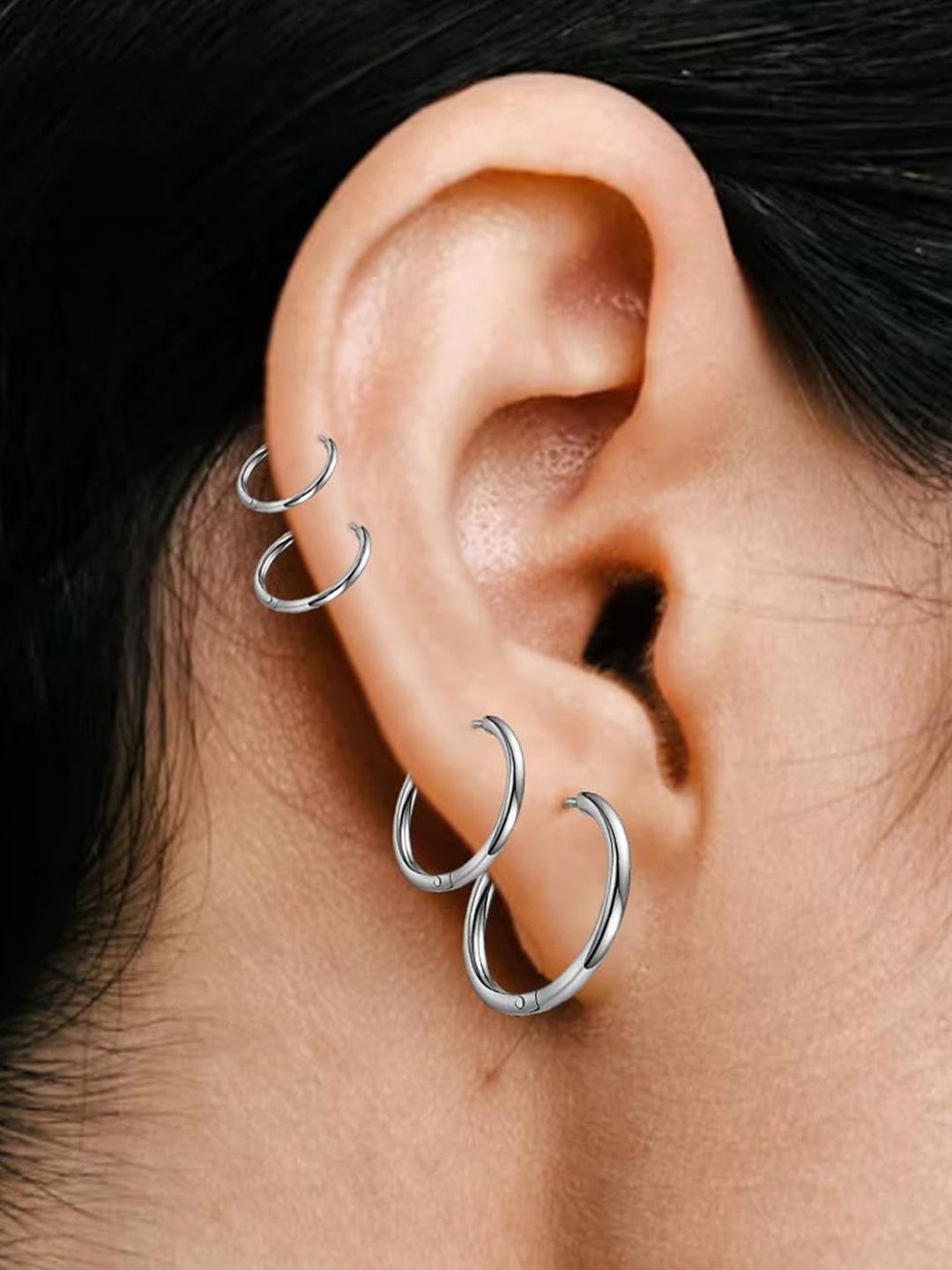 VAMA Set Of 4 Stainless Steel 18K Silver-Plated Circular Hoop Earrings-picture-12