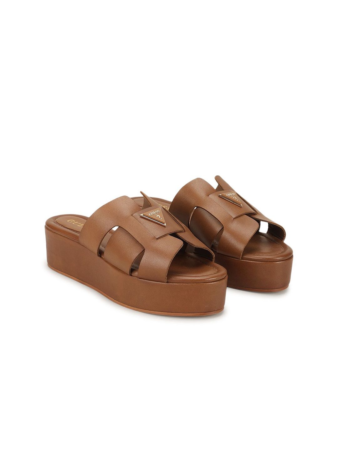 guess women tan solid slip-on leather wedge sandals
