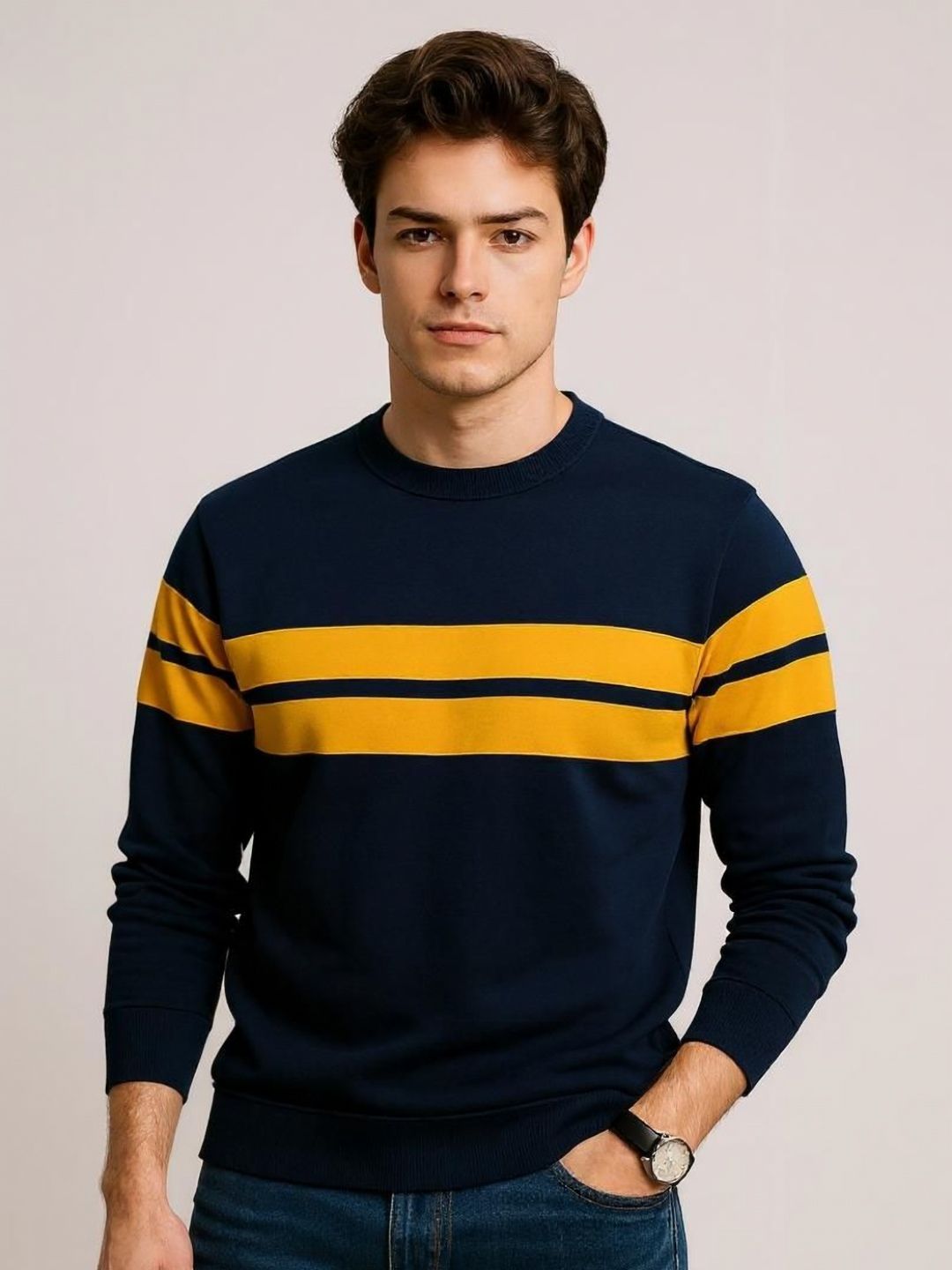 AUTNA Men Striped Round Neck Cotton Sweatshirt-picture-38