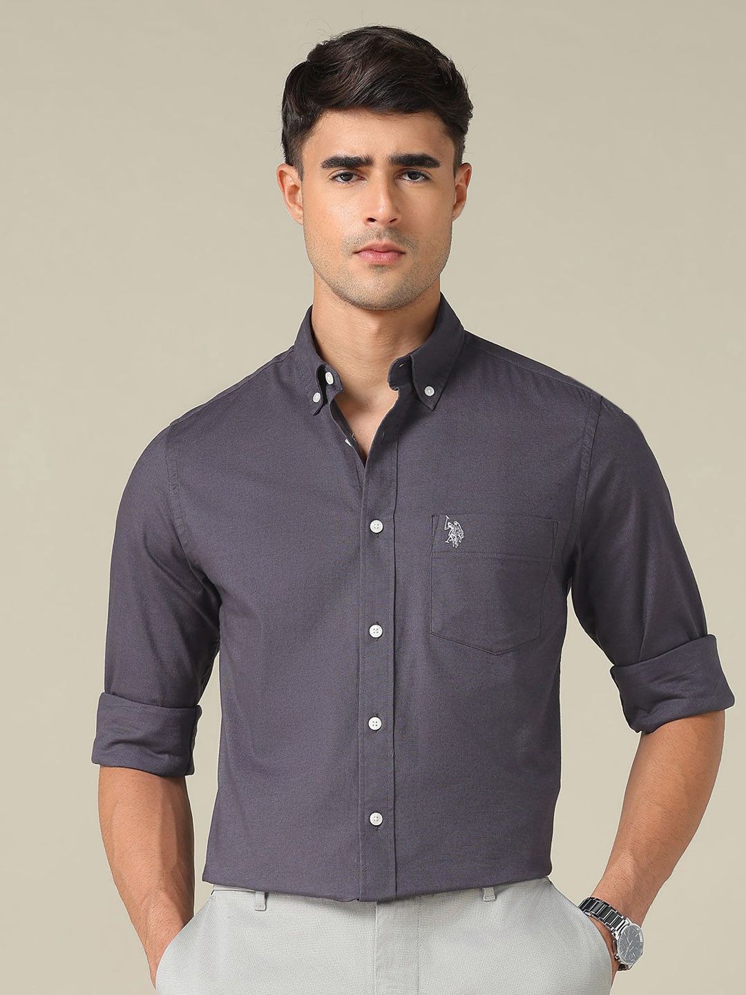 U.S. Polo Assn. Men Slim Fit Solid Button-Down Collar Casual Cotton Shirt-picture-36