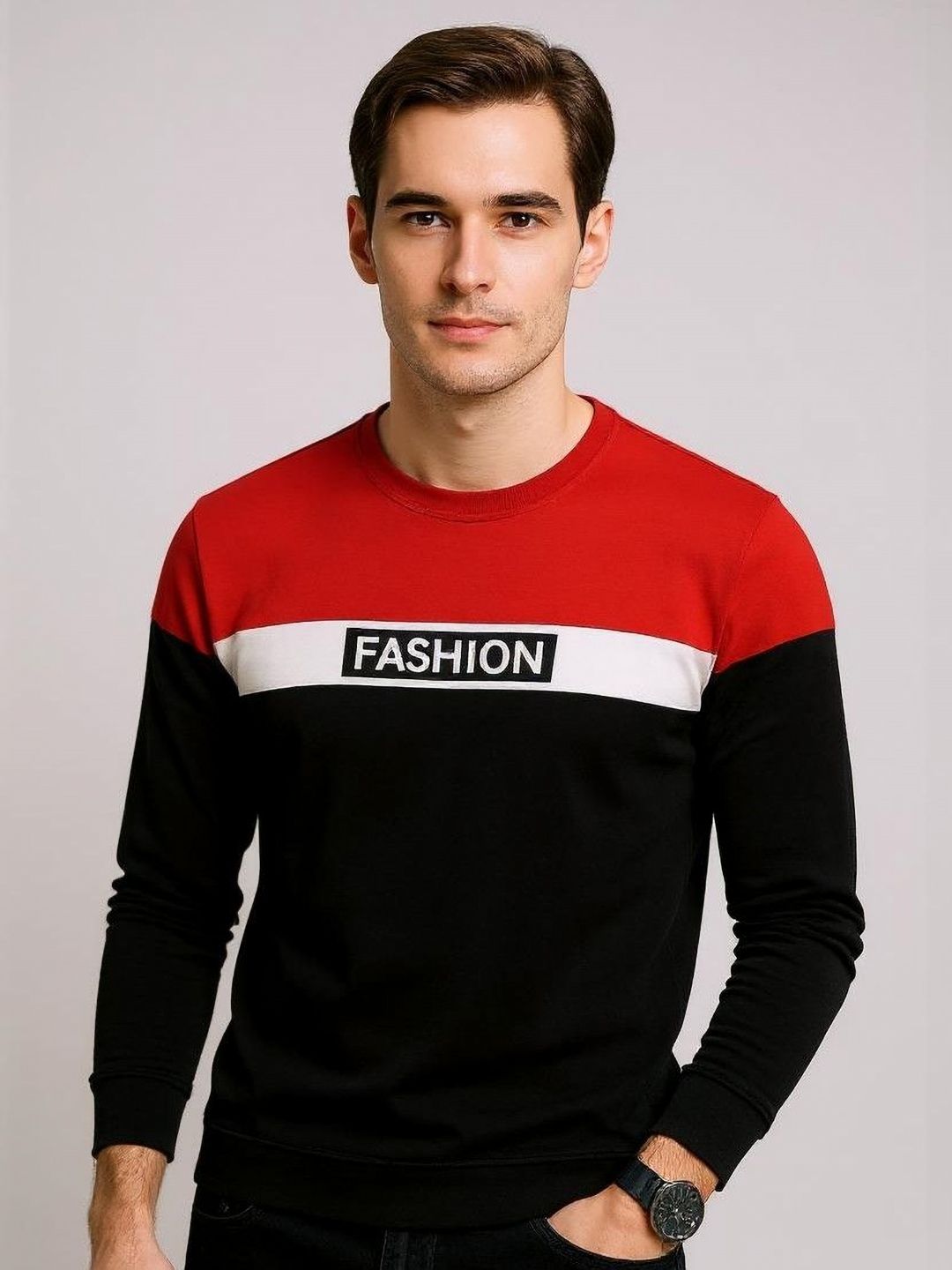 AUTNA Men Colourblocked Round Neck Sweatshirt-image-24