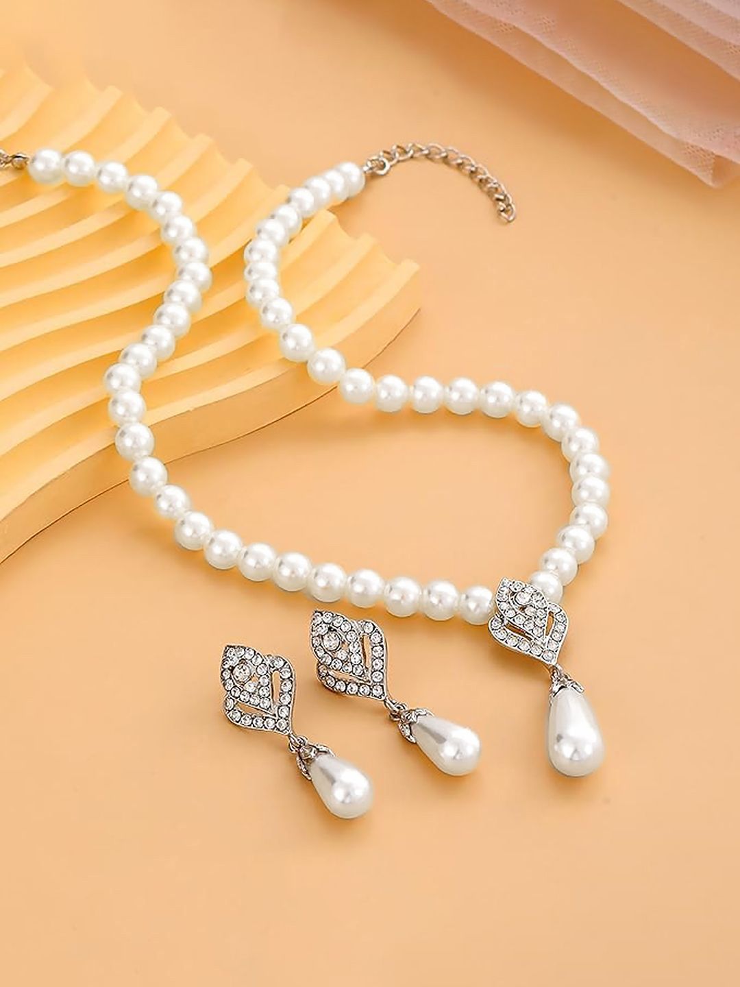 Peora Silver-Plated Pearls & Crystal Studded Necklace & Earrings-image-18