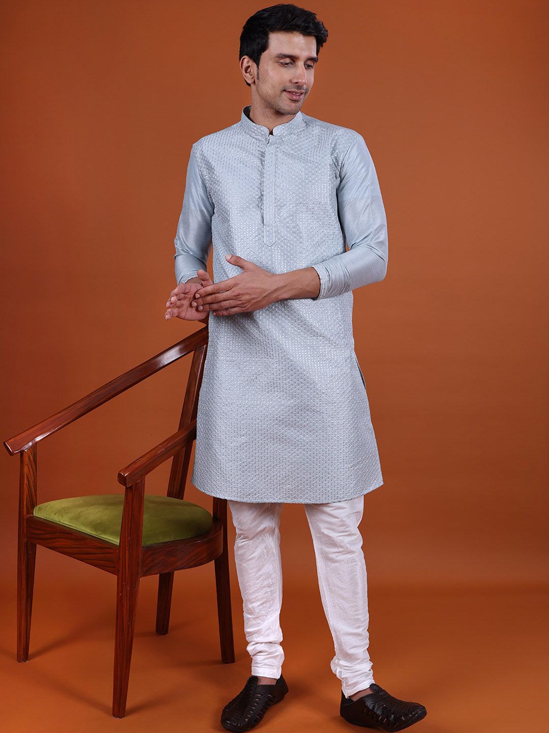 NAMASKAR Men Floral Embroidered Mandarin Collar Pure Cotton Kurta with Churidar-picture-14