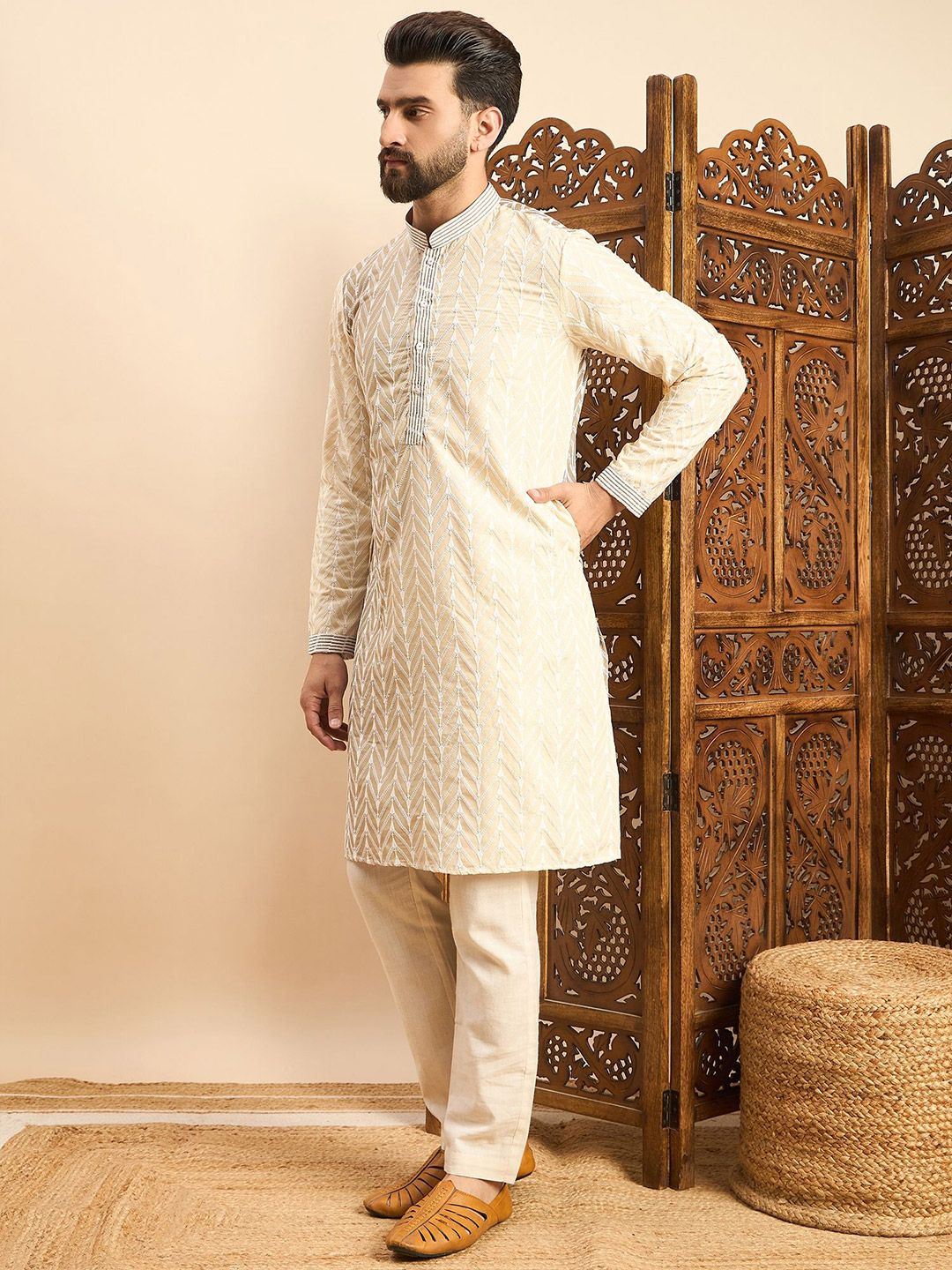 Peach Embroidered Kurta Set for Men with Pyjamas – Geometric Thread Work, Mandarin Collar, Viscose Rayon