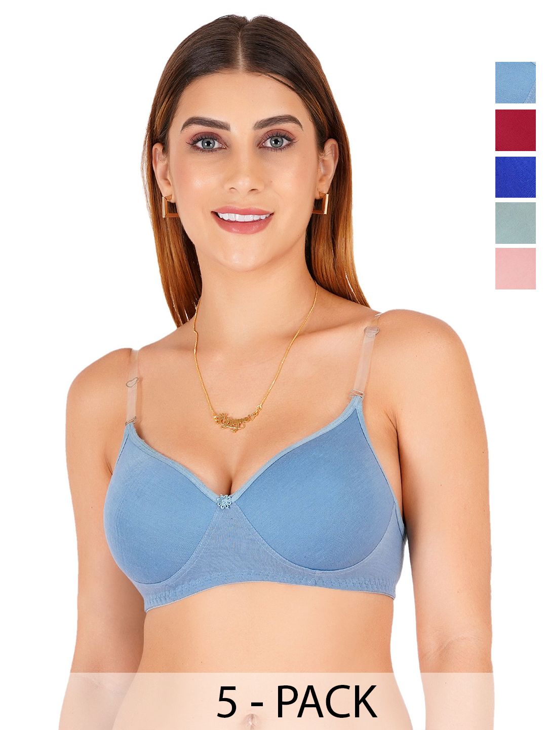 Liigne Pack of 5 Cut and Sew Full Coverage Lightly Padded Bra With Transparent-picture-35