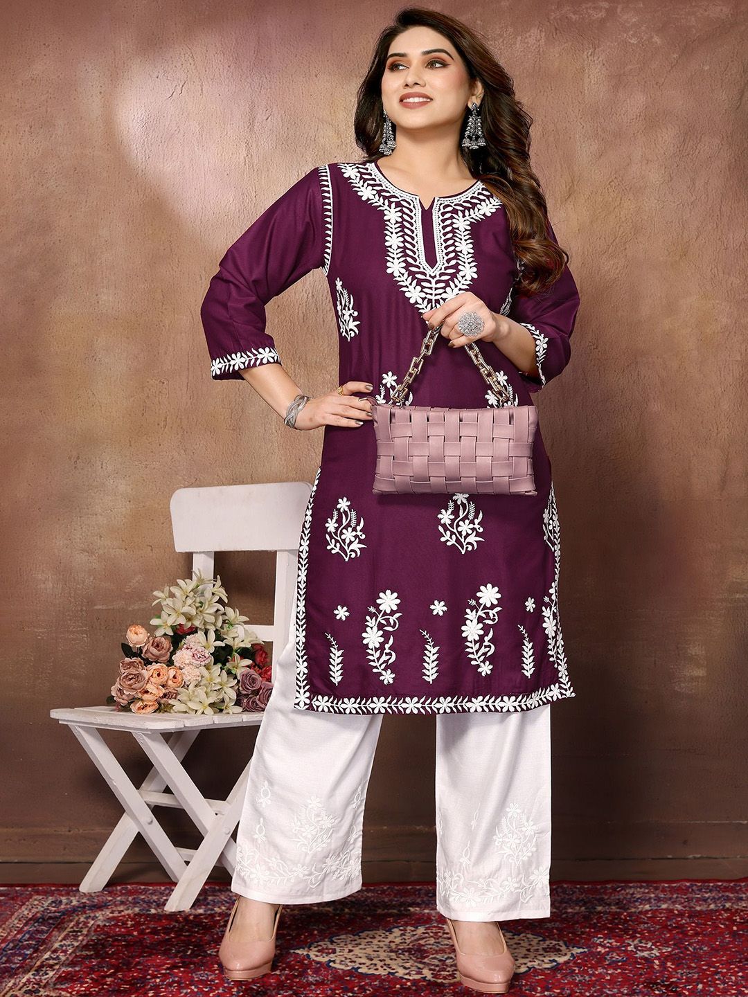 FABMORA Floral Embroidered Notch Neck Chikankari Straight Kurta With Palazzos-picture-10