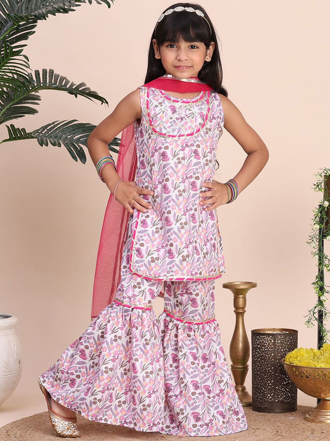 Cutiekins Girls Floral Printed Regular Gotta Patti Kurti with Sharara & Dupatta-picture-24