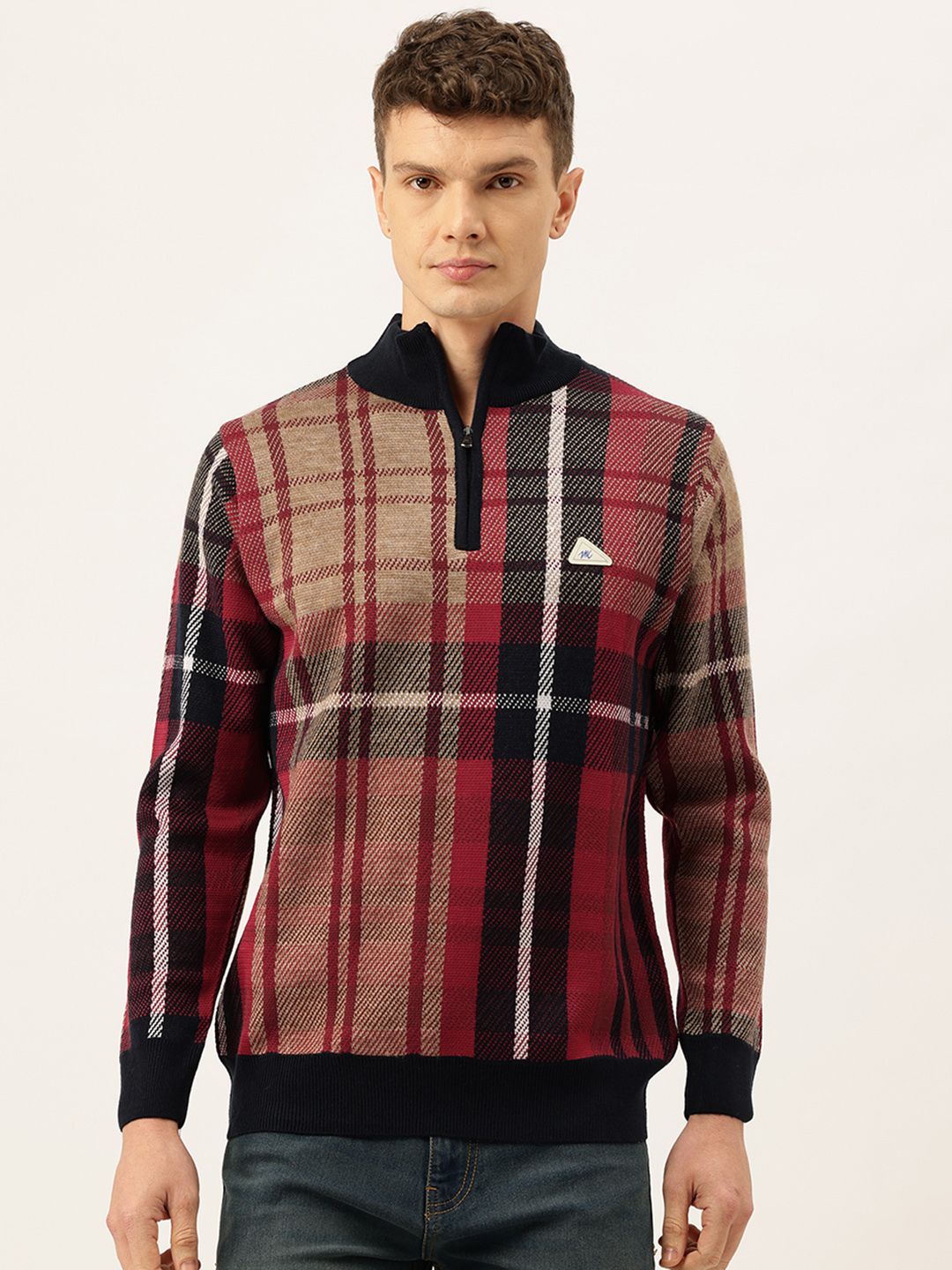 Monte Carlo Checked Mock Collar Woollen Pullover with Half Zip Opening-picture-43
