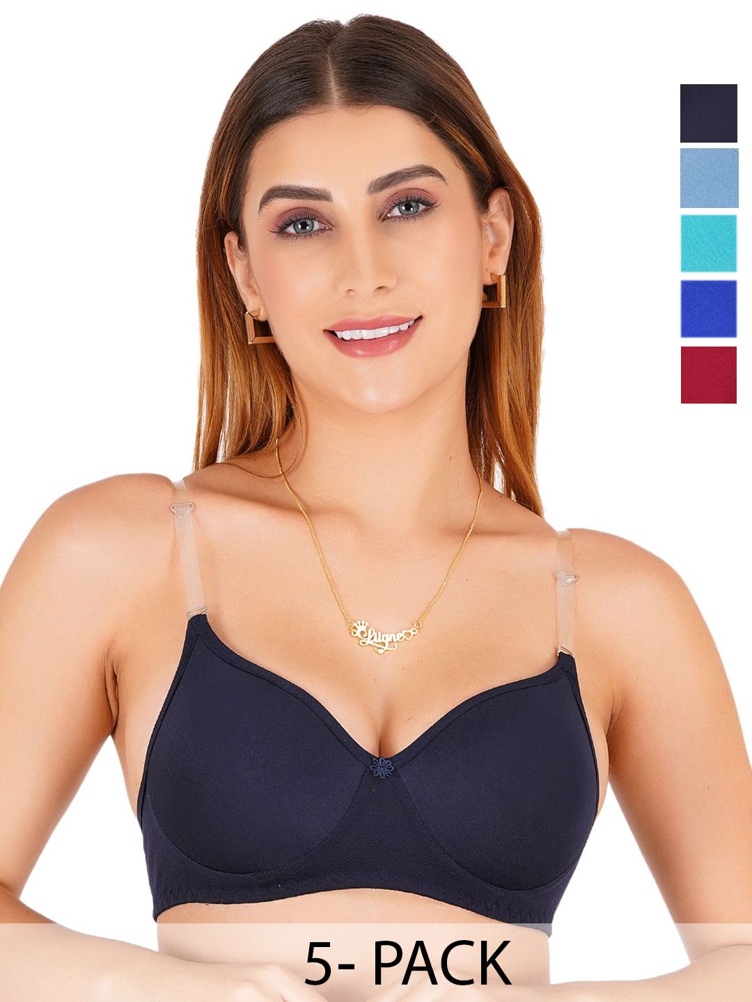 Liigne Pack Of 5 Medium Coverage Lightly Padded T-shirt Bra with Transparent Strap-picture-22