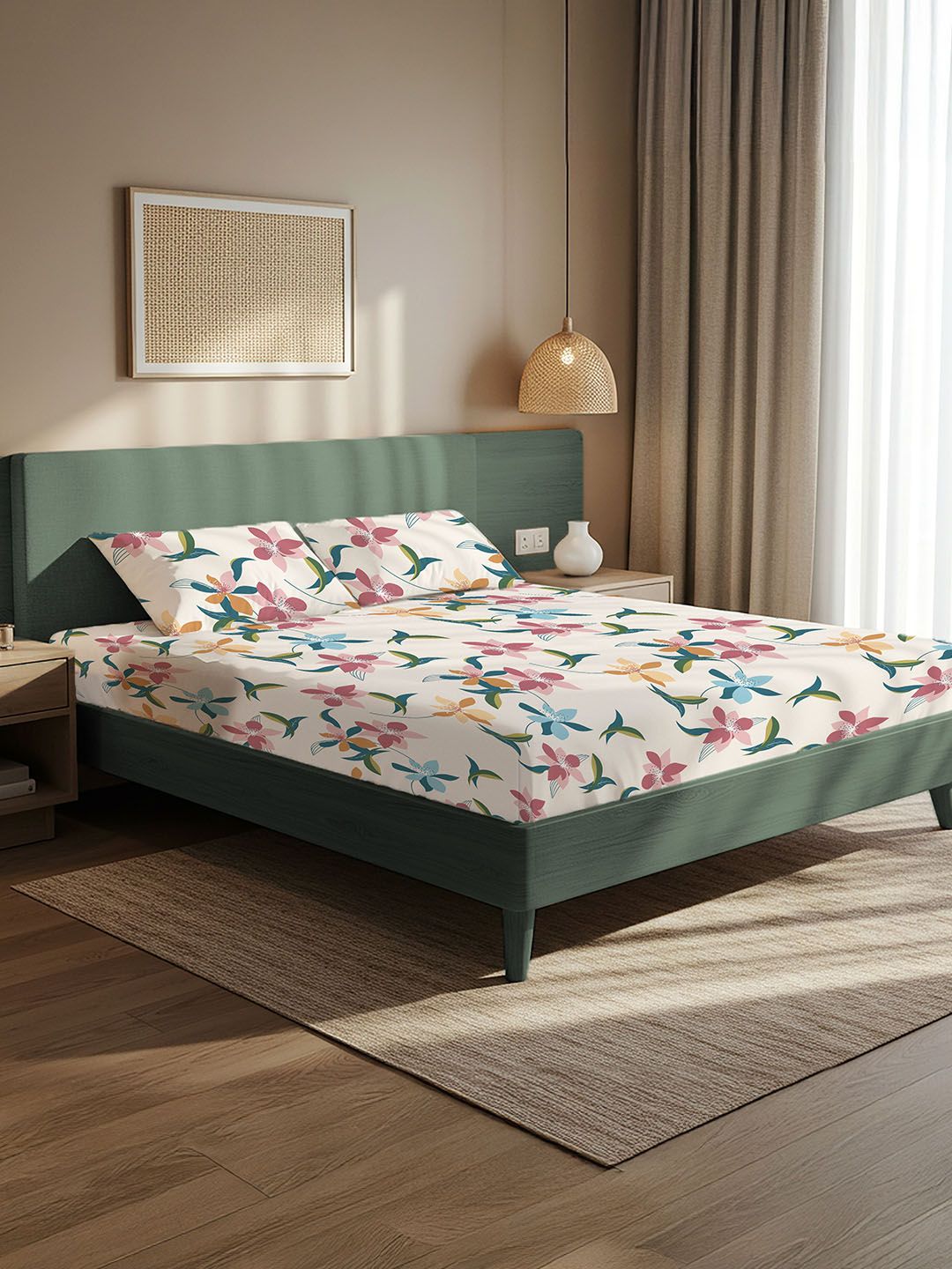 URBAN SPACE Cream-Coloured Floral Microfiber 200 TC Double King Bedsheet Set-2.28mx2.74m-image-35