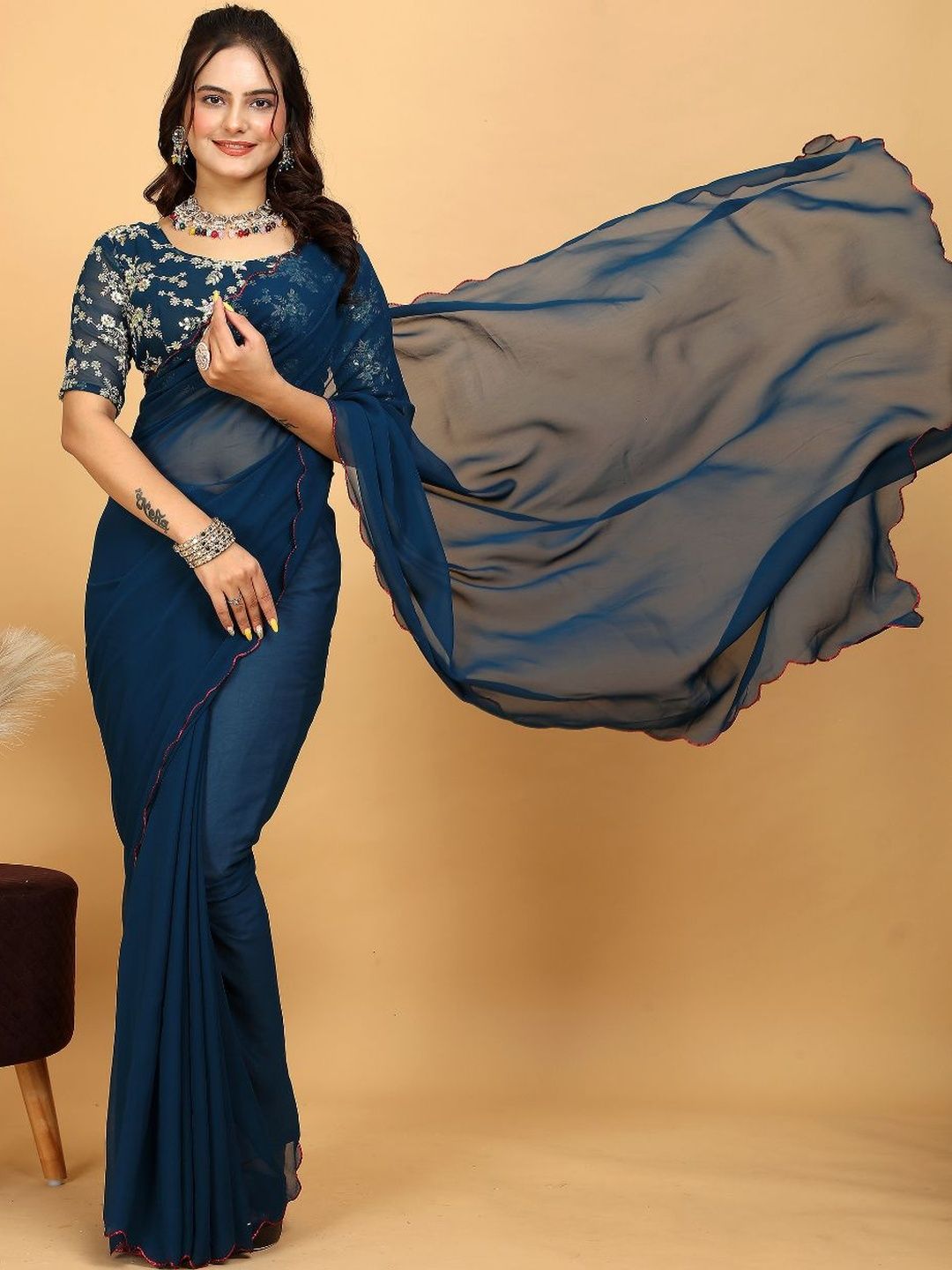 Zenophily Embroidered Pure Georgette Saree With Unstitched Blouse Piece-picture-10